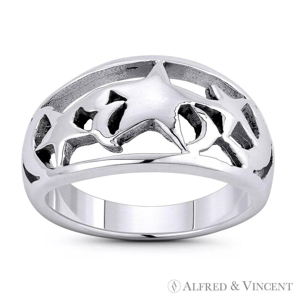 Star & Waxing Crescent Moon Phase Charm Ring in .925 Sterling Silver Size 8